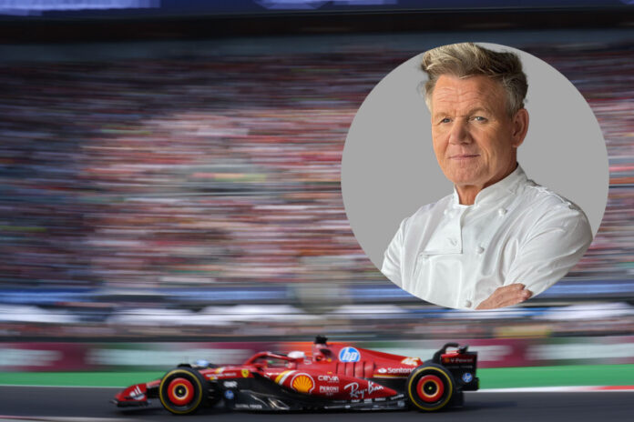 A portrait of Gordon Ramsay superimposed on a Formula 1 race car image