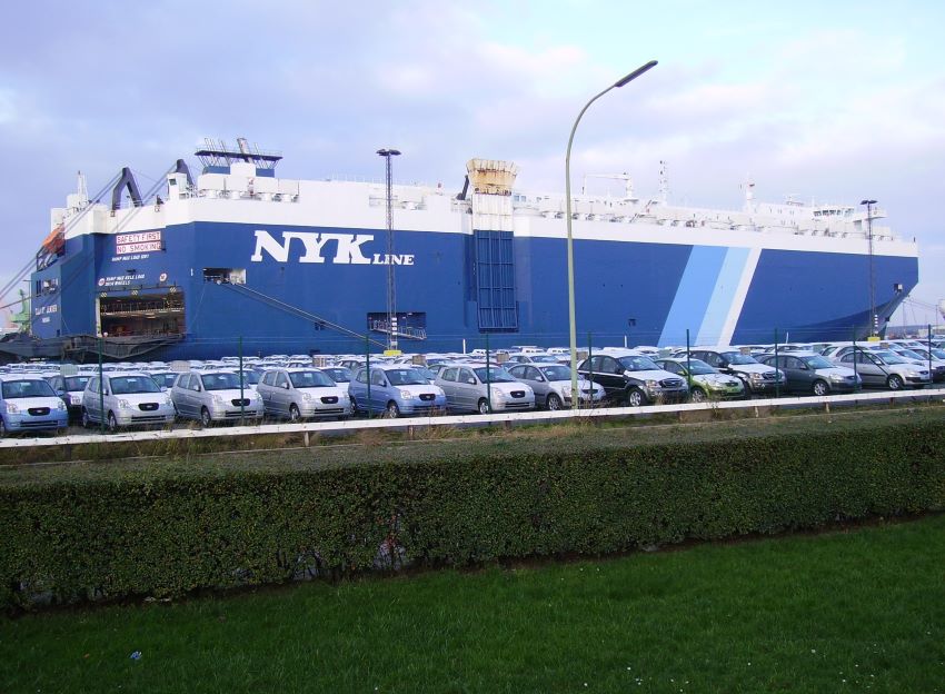 The Galaxy Leader car carrier ship in docked in a port of Bremerhaven.