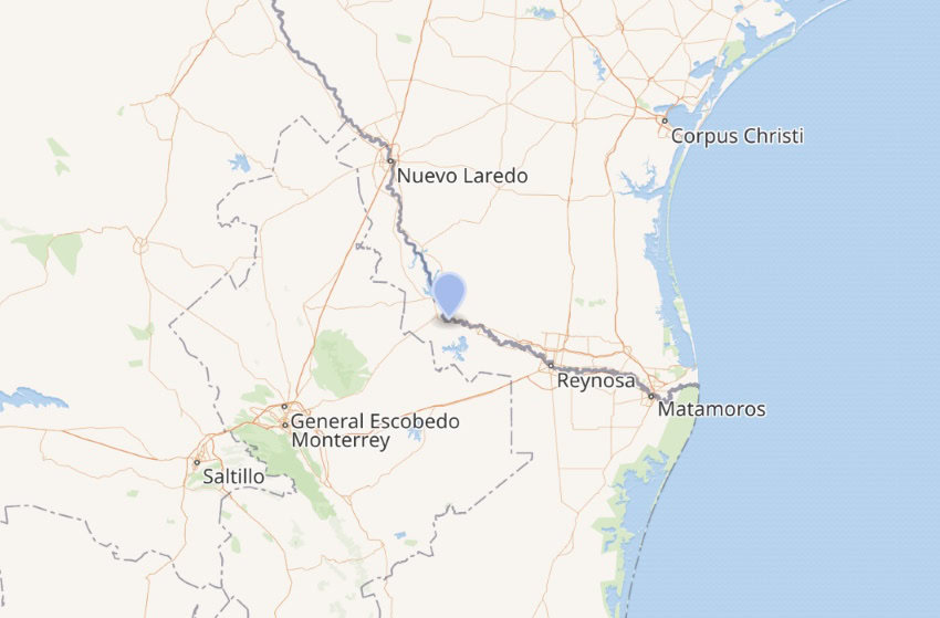 Map of parts of Texas and northern Mexico showing the Rio Grande river running through the border between the two countries and the Gulf of Mexico on the right.