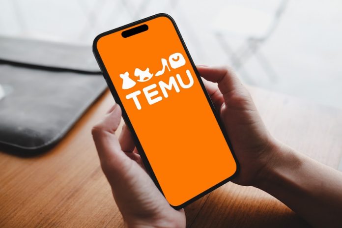 A person holds a phone with a Temu e-commerce application open on the screen