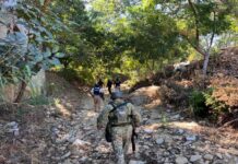 Soldiers walking through a wooded area