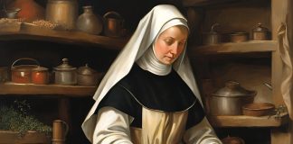 An AI image of a nun making rompope. The history of rompope began in Puebla