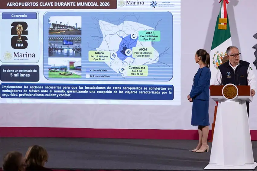 Шейнбаум рассматривает слайды, представленные директором GACM, о запланированной реконструкции аэропорта AICM Мехико и других аэропортов в преддверии чемпионата мира по футболу.