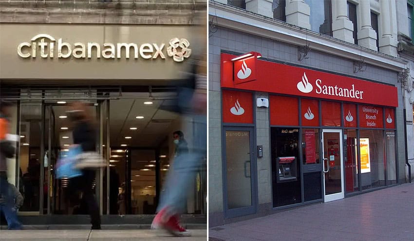 The facades of two Mexican banks, citibanamex and santander