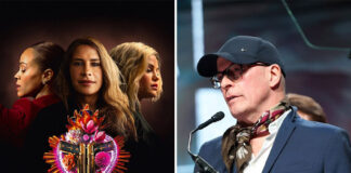 Two photos, one of the poster for the movie Emilia Pérez and the other, a portrait of the film's director