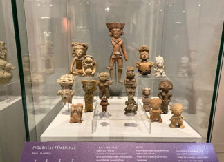 Clay figures of women in a museum display case