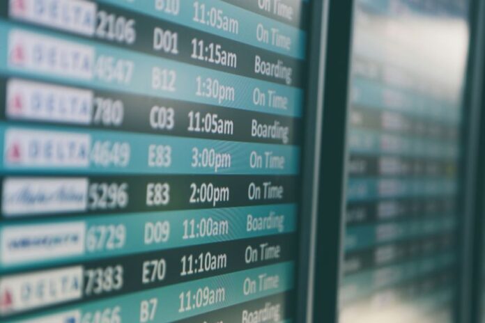 A departures board at an airport