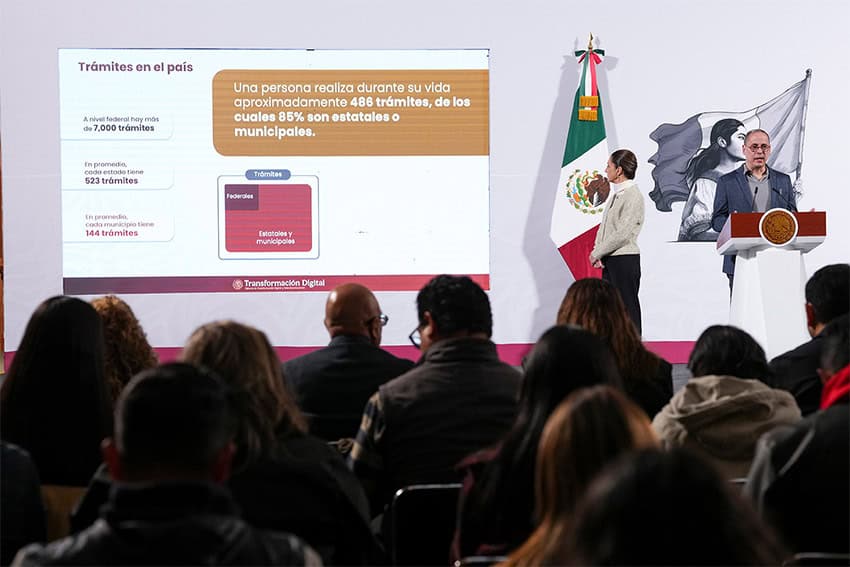 President Sheinbaum looks on as José Merino outlines plans to reduce bureaucratic paperwork in Mexico