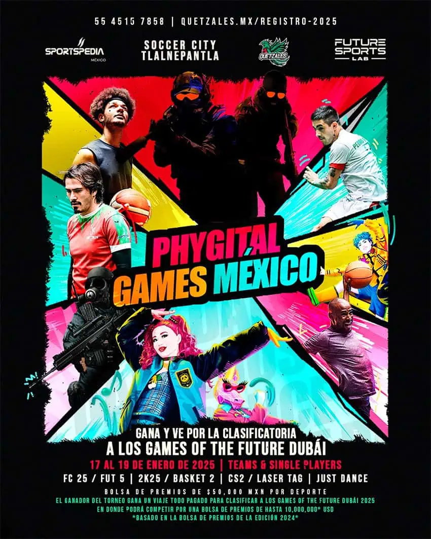 A colorful poster for the event Phygital Games México