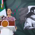 President Claudia Sheinbaum at the podium during her morning mañanera, or press conference, in Acapulco, where she discussed the case of the Ayotzinapa 43.