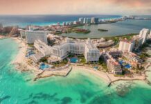 The Cancún hotel zone at sunset in Quintana Roo