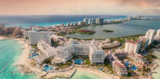 The Cancún hotel zone at sunset in Quintana Roo