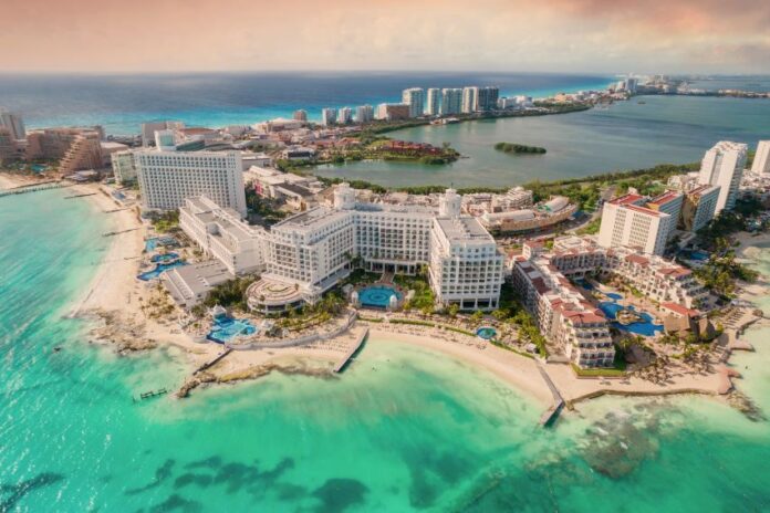 The Cancún hotel zone at sunset in Quintana Roo