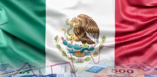 Illustrative image of a Mexican flag in the background, with Mexican peso bills in the foreground.