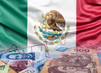 Illustrative image of a Mexican flag in the background, with Mexican peso bills in the foreground.