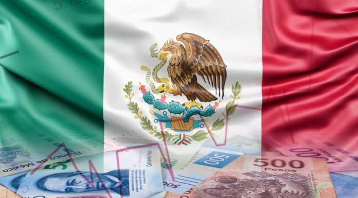 Illustrative image of a Mexican flag in the background, with Mexican peso bills in the foreground.