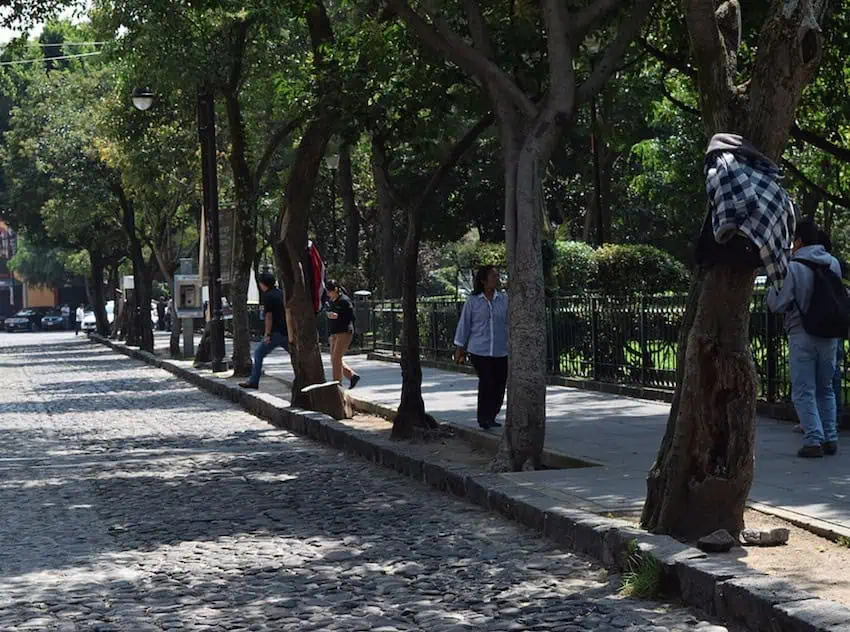 Vista de la calle San Jacinto hacia la calle Francisco I. Madero. Colinda al norte con la calle Amargura, al oeste con la misma calle de San Jacinto, al sur con Dr. Gálvez y al este con Francisco I. Madero. En la foto se observa la calle empedrada, característica de la zona y del lado derecho la Plaza San Jacinto.