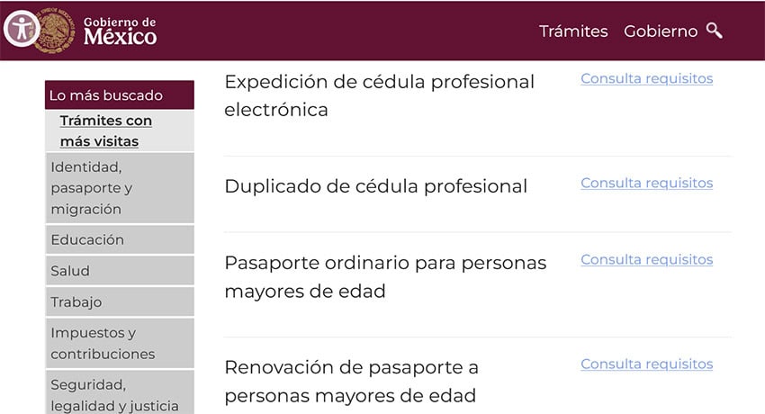 Online administrative paperwork options on a Mexican government website