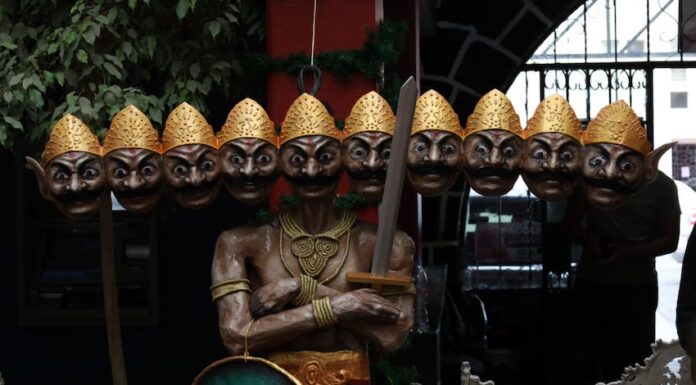 The 1.8-meter-tall piñata featuring the Hindu mythological figure Ravana and his 10 heads, each symbolizing a vice to overcome.