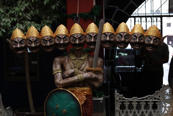 The 1.8-meter-tall piñata featuring the Hindu mythological figure Ravana and his 10 heads, each symbolizing a vice to overcome.