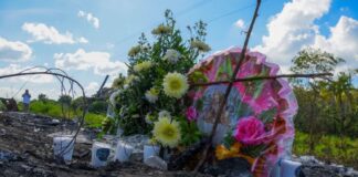 A memorial at the site of the fatal bus crash in Campeche.