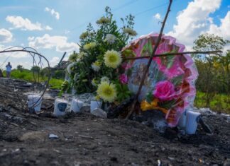 A memorial at the site of the fatal bus crash in Campeche.