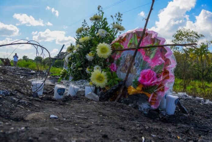 A memorial at the site of the fatal bus crash in Campeche.