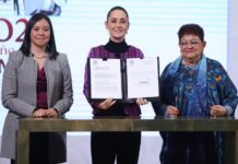 President Claudia Sheinbaum stands at a table in the national palace press briefing room holding open a portfolio with a sheet of paper on each side that contains the text of proposed reforms to the Mexican constitution.