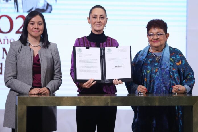 President Claudia Sheinbaum stands at a table in the national palace press briefing room holding open a portfolio with a sheet of paper on each side that contains the text of proposed reforms to the Mexican constitution.