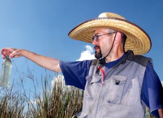 A man points at the Casa Blanca wetlands