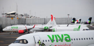 Viva Aerobus jets landed at an airport.