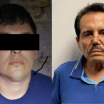 Side by side photos of an unidentified man with his eyes blocked out by a black redaction mark and of an elderly man with dark hair and wearing a blue Hugo Boss shirt, staring at the camera.