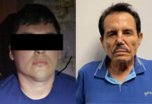 Side by side photos of an unidentified man with his eyes blocked out by a black redaction mark and of an elderly man with dark hair and wearing a blue Hugo Boss shirt, staring at the camera.