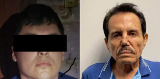 Side by side photos of an unidentified man with his eyes blocked out by a black redaction mark and of an elderly man with dark hair and wearing a blue Hugo Boss shirt, staring at the camera.