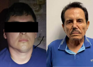 Side by side photos of an unidentified man with his eyes blocked out by a black redaction mark and of an elderly man with dark hair and wearing a blue Hugo Boss shirt, staring at the camera.