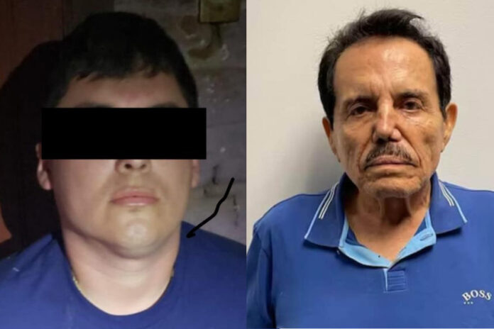 Side by side photos of an unidentified man with his eyes blocked out by a black redaction mark and of an elderly man with dark hair and wearing a blue Hugo Boss shirt, staring at the camera.