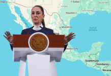 Claudia Sheinbaum superimposed on a Google map showing the 'Gulf of America'