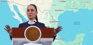 Claudia Sheinbaum superimposed on a Google map showing the 'Gulf of America'