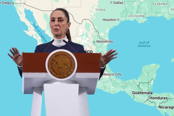 Claudia Sheinbaum superimposed on a Google map showing the 'Gulf of America'