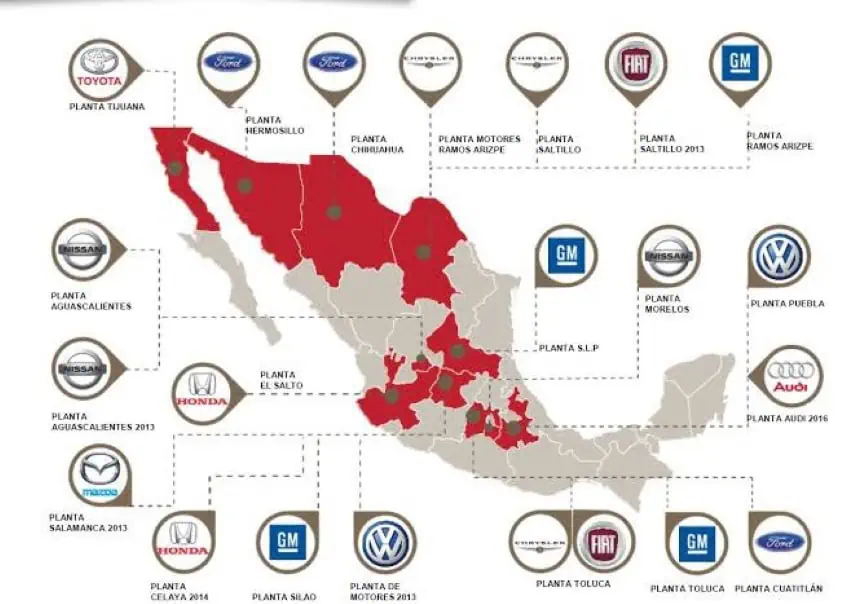 Infographic showing all the different car companies with manufacturing plants in Mexico and in what city they're located. At center is a map of Mexico