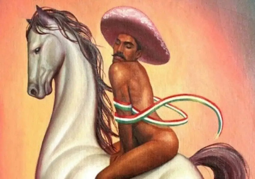 Portait of Emiliano Zapata nude on a white horse wearing the traditional Zapata campesino hat, with red, white and green ribbon in the style of the Mexican flag colors wrapped around his arms and torso.