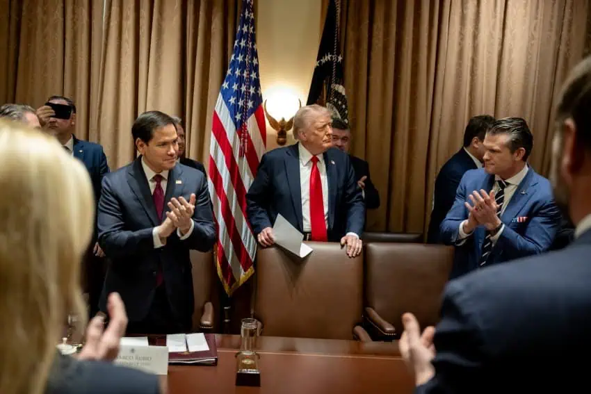 Cabinet meeting of Donald Trump administration in the White House. In the picture is Donald Trump in the center, Secretary of State Marco Rubio to Trump's right.