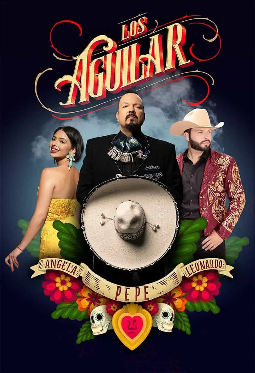 A poster of the Aguilar family, showing the pictures and names of Ángela, Pepe and Leonardo.