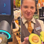 A German woman holds an avocado up to a scanner in one photo, then in another opens it to show that it is perfectly ripe