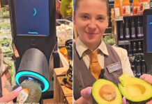 A German woman holds an avocado up to a scanner in one photo, then in another opens it to show that it is perfectly ripe