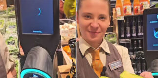A German woman holds an avocado up to a scanner in one photo, then in another opens it to show that it is perfectly ripe