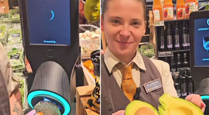 A German woman holds an avocado up to a scanner in one photo, then in another opens it to show that it is perfectly ripe