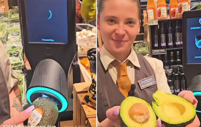 A German woman holds an avocado up to a scanner in one photo, then in another opens it to show that it is perfectly ripe