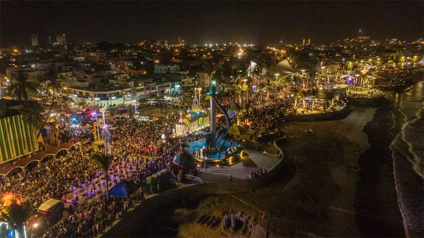 An aerial view of downtown Mazatlán during Carnival