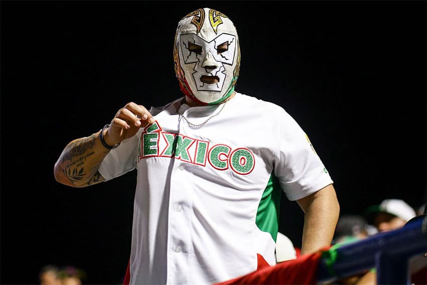 A Mexican fan in a luchador mask shows off his jersey at a Caribbean Series championship game